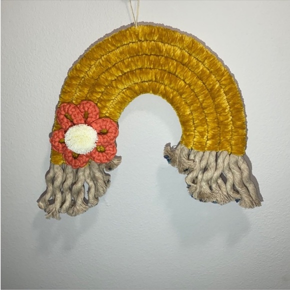 Handmade Yellow Velvet Yarn Rainbow with Macrame Flower and Fringe - Picture 8 of 14